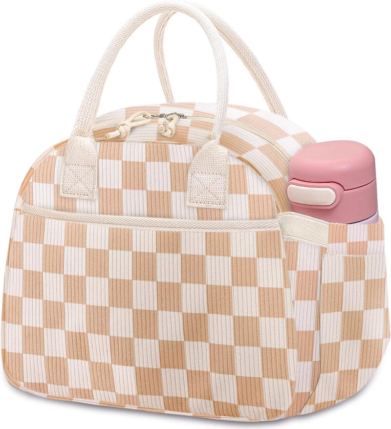 Carry bloom Lunch Box for Women, Insulated Lunch Bag Cute Corduroy Lunchbag Reusable Lunchbox for Work (checkered brown white) - Image 1